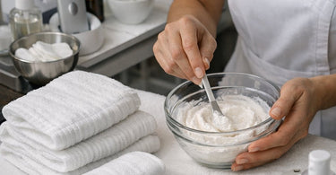 Disposable headbands fanning out on a white spa surface with a towel and facial steamer in the background