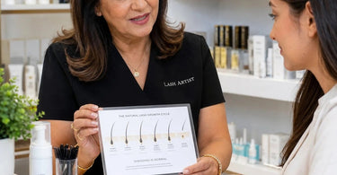 Lash artist explaining eyelash shedding cycle to a client during a consultation at Pure Spa Direct
