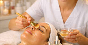 Side-by-side comparison showing professional chemical peel application by an aesthetician versus a box of drugstore peel strips on a bathroom counter.