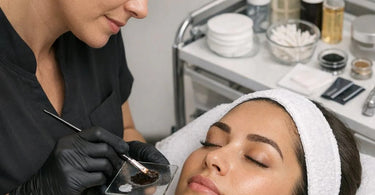 Brow tint application on a client with oily skin using professional tools and prep products