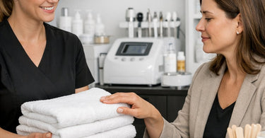 Smiling esthetician using a modern facial steamer on a client in a clean, professional spa environment.