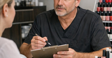 Salon professional calmly explaining policy to a client in a spa setting