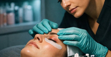 A calm and professional lash technician gently comforting a client while examining her eye in a clean, well-equipped salon setting