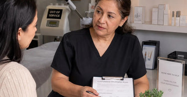 A professional spa therapist calmly handling an equipment failure during a service, showcasing poise and problem-solving.