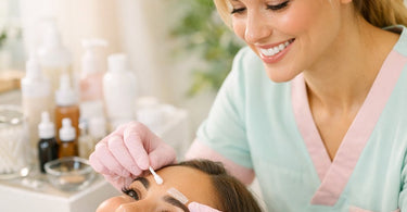 A professional esthetician carefully applying a patch test for lash tint to ensure no allergic reaction, using Pure Spa Direct safety supplies