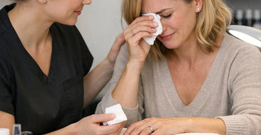 Esthetician comforting a crying client during a spa facial treatment with tissues and compassionate professionalism