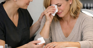 Esthetician comforting a crying client during a spa facial treatment with tissues and compassionate professionalism