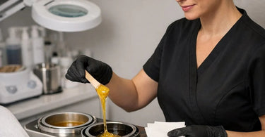 A professional aesthetician applying purple hard wax to a client's leg using a wooden spatula, demonstrating proper technique to prevent ingrown hairs and folliculitis in a clean spa environment.