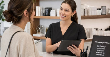 A calm and organized spa professional smiling while checking a schedule on a tablet, with a relaxing treatment room in the background, symbolizing how to handle late clients without stress.