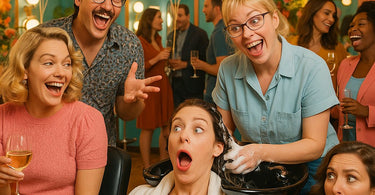 Stylish salon open house event with guests enjoying mini treatments and champagne