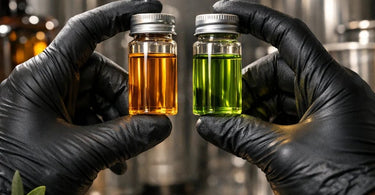 Close-up comparison of cold-pressed and expeller-pressed oils showing differences in color and texture, with nuts and seeds in background