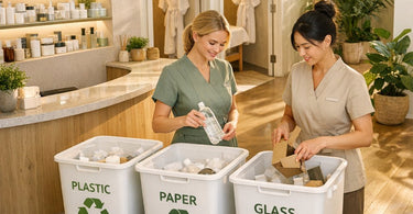 A spa professional smiling while sorting empty beauty product containers and packaging into labeled TerraCycle recycling bins in a modern salon backroom.