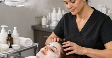 Woman receiving a relaxing scalp massage and express facial treatment in a professional spa salon setting
