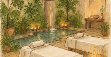 Spa owner greeting happy client in luxurious treatment room with warm towels and essential oils