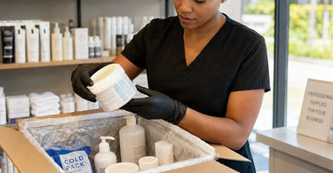 A professional spa owner inspecting a shipment of supplies that arrived in hot weather, checking for damage and temperature issues.