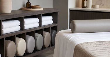 Image showcasing organized storage solutions for massage bolsters, featuring options like vacuum bags, wall hammocks, and cubbies to prevent rolling and clutter.