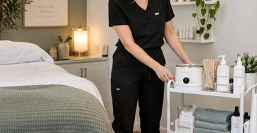 A professional salon trolley organized to keep carts from looking cluttered in client photos, featuring clean surfaces and neatly arranged spa tools