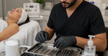 A neat and organized set of professional facial extractor tools stored in a sleek black case, ready for use in a busy spa or salon.
