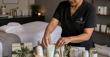 Post-holiday gift sets and spa retail products displayed for year-round sales and promotions