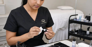 A lash artist's hand holds a lash extension adhesive bottle while a brush is used to clean the nozzle, preventing clogs during busy days.