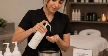 A professional massage oil and lotion warmer with three bottles sits on a spa counter, ready to provide warm, soothing lotion for client treatments.