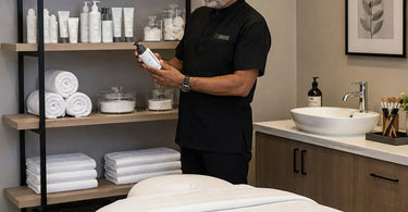 Serene and professional open shelving display in a spa setting, featuring organized salon products.