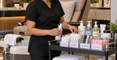 Professional nail salon pedicure cart organization with neatly arranged foot care products, pedicure supplies, and storage solutions to prevent clutter from half-used containers