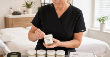 An organized array of clearly labeled professional spa and salon product samples on a clean shelf, showcasing a perfect sample management system.