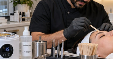 Professional tweezers organized securely at a detailed waxing service station
