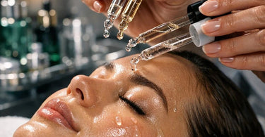 Aesthetician's hands professionally layering facial serums on a client's skin during a customized spa treatment