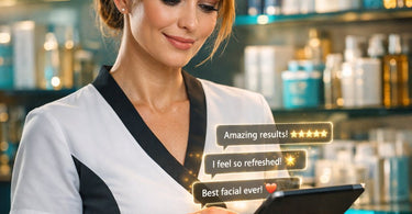 A happy client smiling while looking at a tablet screen showing positive review stars, with a beautiful spa treatment room in the background.