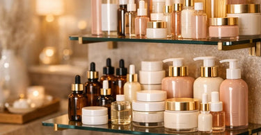 A well-styled small retail display in a spa or salon, featuring skincare products, candles, and testers on a shelf to look abundant and inviting.