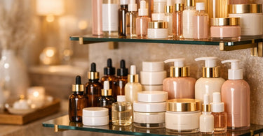 A well-styled small retail display in a spa or salon, featuring skincare products, candles, and testers on a shelf to look abundant and inviting.