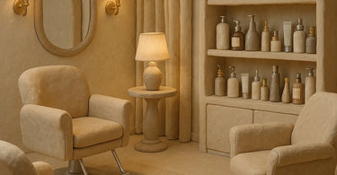 Happy client receiving personalized service in a modern salon with warm lighting and luxurious decor