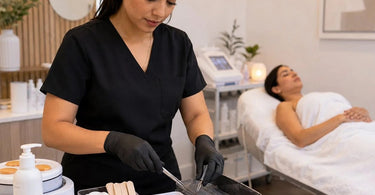 A clean, organized professional spa and salon workstation featuring clutter-free implements, storage solutions, and Pure Spa Direct products for a serene workspace.