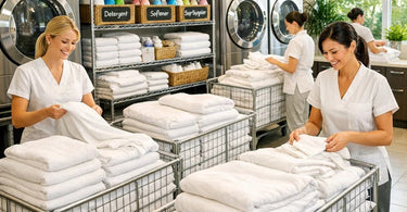 Neatly folded stacks of white towels and sheets in a spa laundry room with a towel steamer in the background