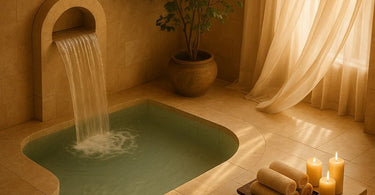 Spa waiting area with comfortable seating, warm lighting and relaxing ambiance
