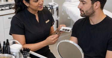 Man getting eyebrow tinting treatment in a modern barbershop chair by a professional esthetician