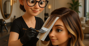 Stylist performing balayage hair coloring technique on client in modern salon
