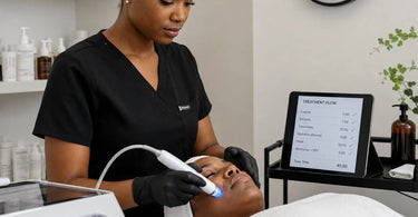 A professional woman in a salon using a stopwatch to measure service time, demonstrating how to evaluate if a beauty tool saves time.