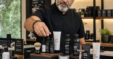 Stylish men's grooming retail display setup in a professional salon environment featuring beard oils, skincare, and waxing products.