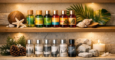 Merchandising display of niche fragrance oils with travel-themed props like maps, shells, and spices for spa retail
