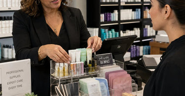A spa checkout counter display featuring small impulse items like cuticle oil, lip balms, nail files, and skincare minis for professional salons and spas.