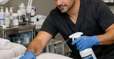 Esthetician cleaning a facial bed in a multi-bed suite with disinfectant spray and fresh linens nearby