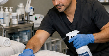 Esthetician cleaning a facial bed in a multi-bed suite with disinfectant spray and fresh linens nearby