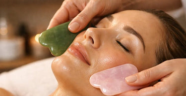 A massage therapist performing a professional Gua Sha facial treatment on a relaxed client in a spa setting.