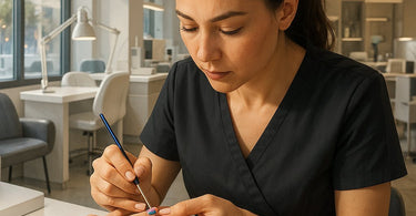 Nail technician applying quick nail art designs using time-saving techniques in a busy salon environment