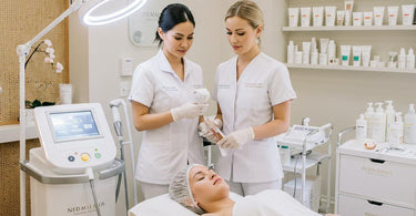 Med spa professional performing a laser treatment for hyperpigmentation on a client's face.