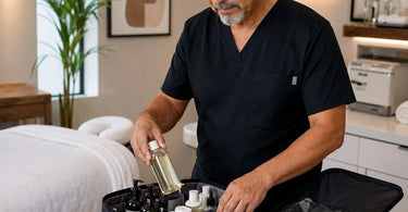 Professional mobile massage kit organized on a portable massage table featuring oils linens and hot stone equipment