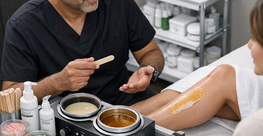 A neatly organized professional wax cart on wheels, featuring wax warmers, spatulas, and pre and post waxing products for efficient salon workflow.